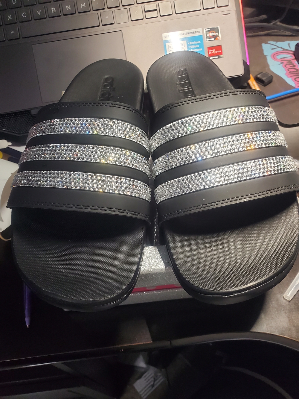 Adidas Black Rhinestone Slide Sandals for Women